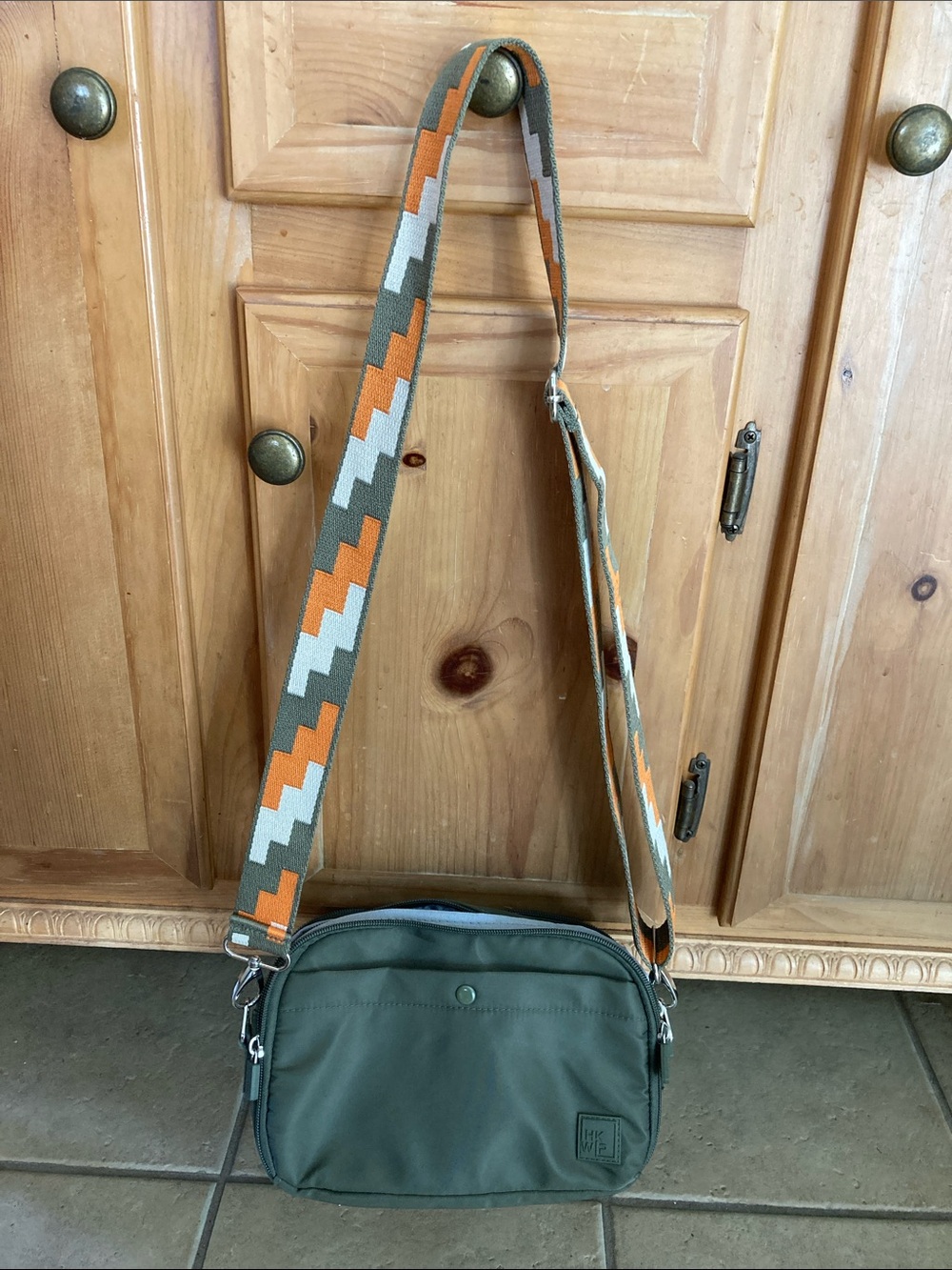 IHKWIP Olive Green Crossbody Bag with Patterned Strap